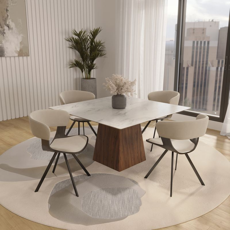 LeisureMod 5-Piece Dining Set with Square Dining Table White Sintered Stone Top and 4 Leather Dining Chairs in Dark Walnut/Light Taupe in Room.