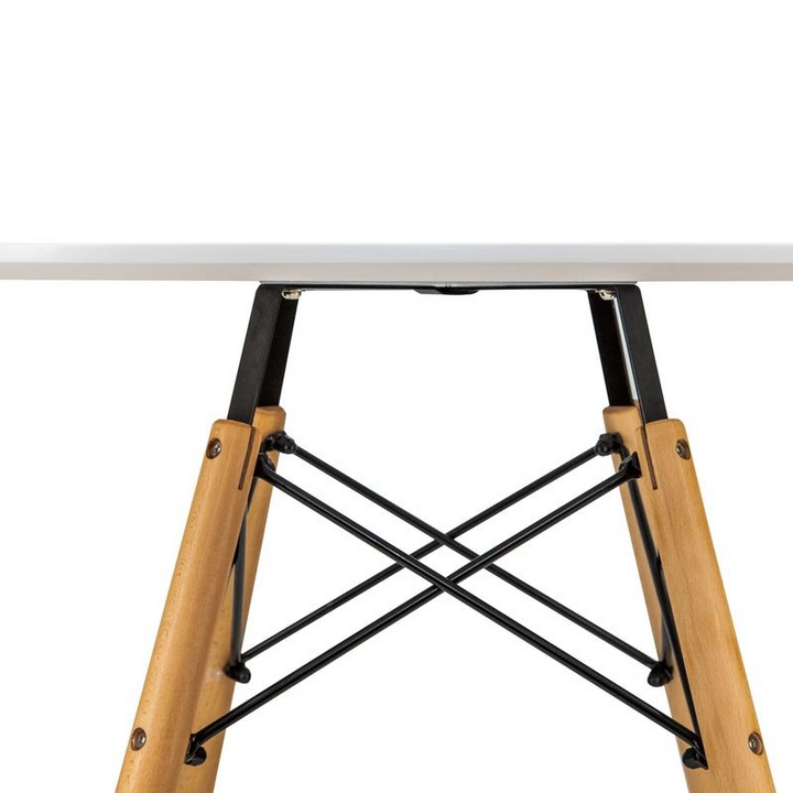 LeisureMod Dover Round Bistro Wood Top Dining Table w/Natural Wood Eiffel Base Closeup.