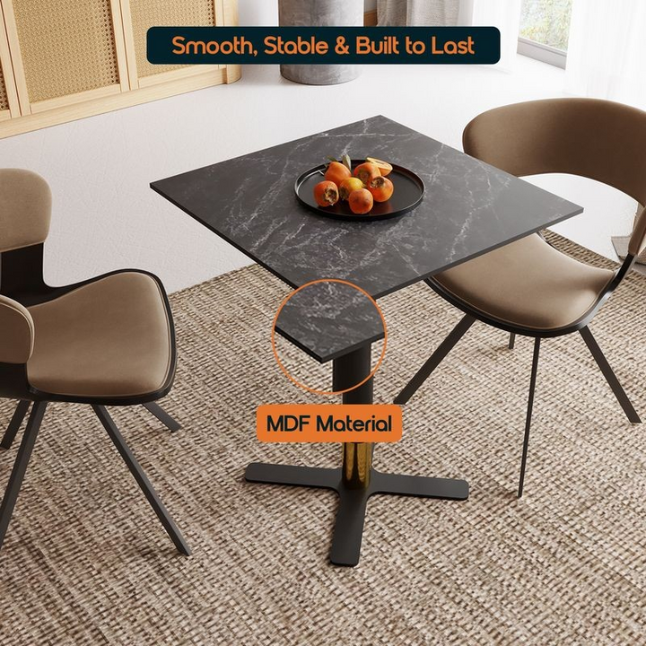 LeisureMod Vail Collection Dining Table Black/Gold X Base With 24" Square Black MDF Top with Chairs.
