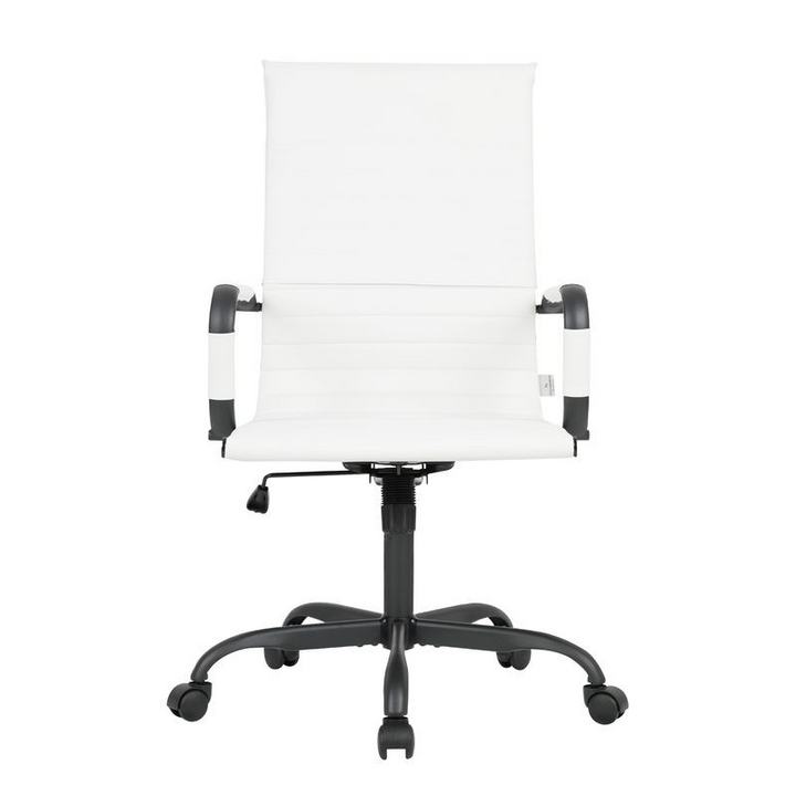 LeisureMod Harris Leather Home High-Back Office Chair in White with Black Frame Front.