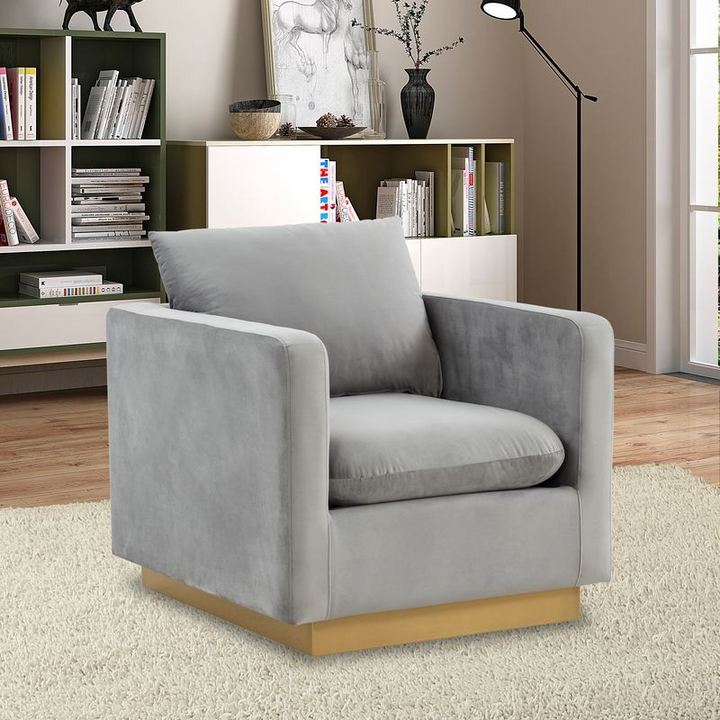 LeisureMod Nervo Velvet Accent Armchair with Gold Frame Light Grey with Background.