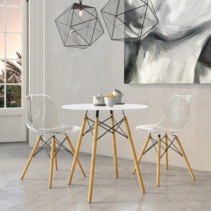 LeisureMod Dover Round Bistro Wood Top Dining Table w/Natural Wood Eiffel Base with Chairs.