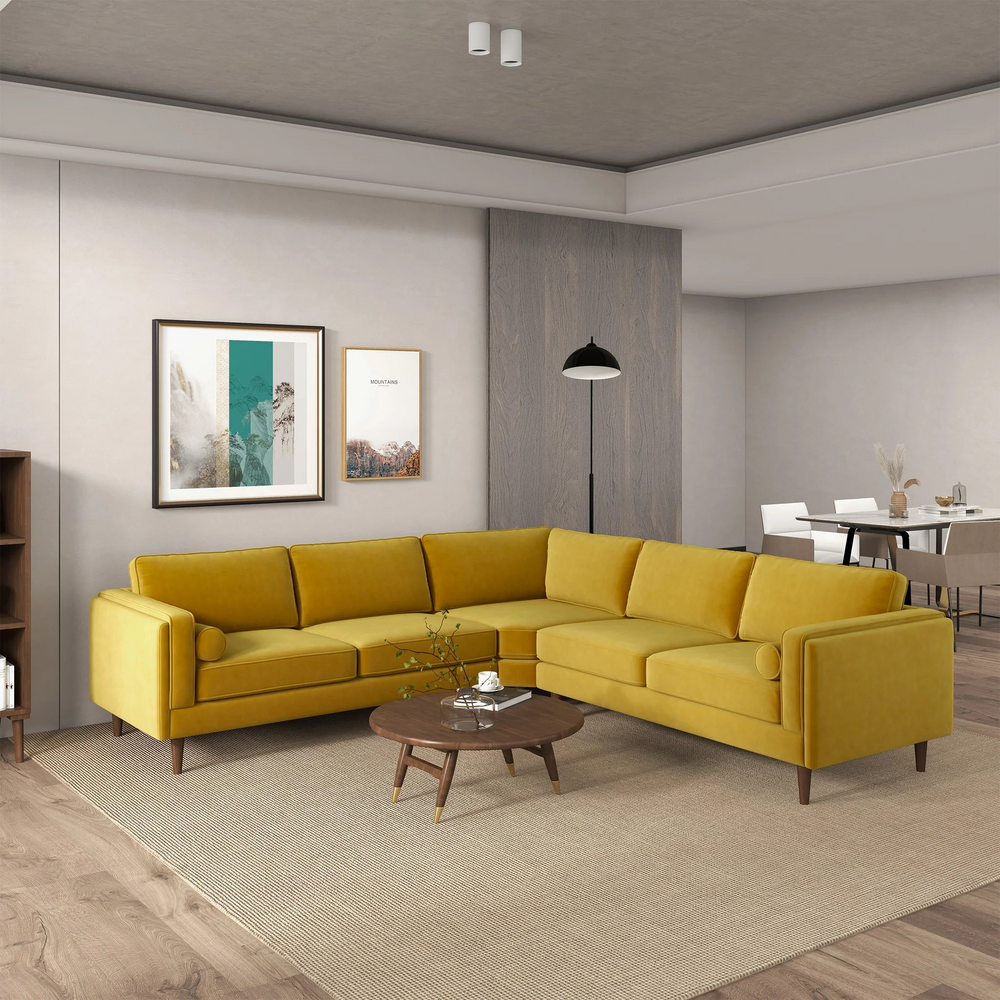 Amber Yellow Velvet Corner Sectional Sofa Photo.