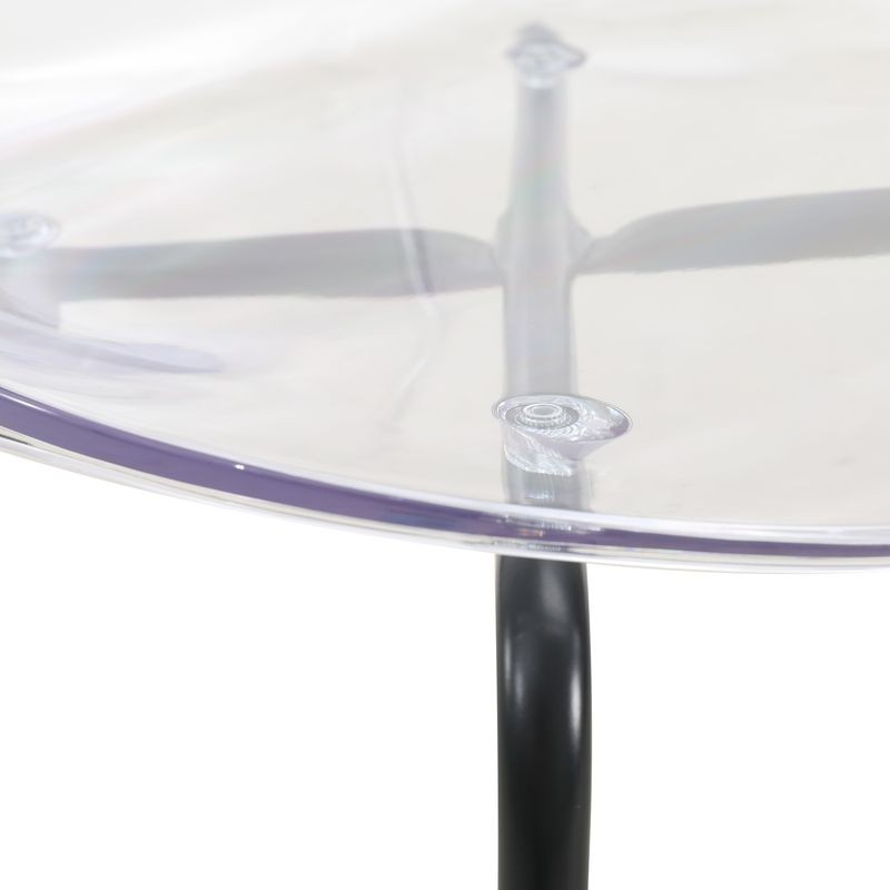 Glass table with a black metal base on a white background.