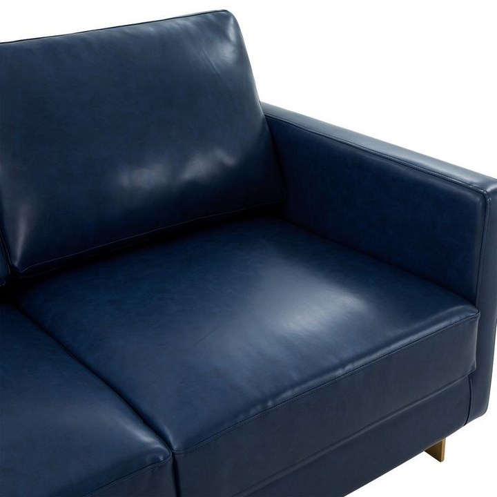 LeisureMod Lincoln Modern Mid-Century Upholstered PU Leather Loveseat with Gold Frame Navy Blue Zoomed In.