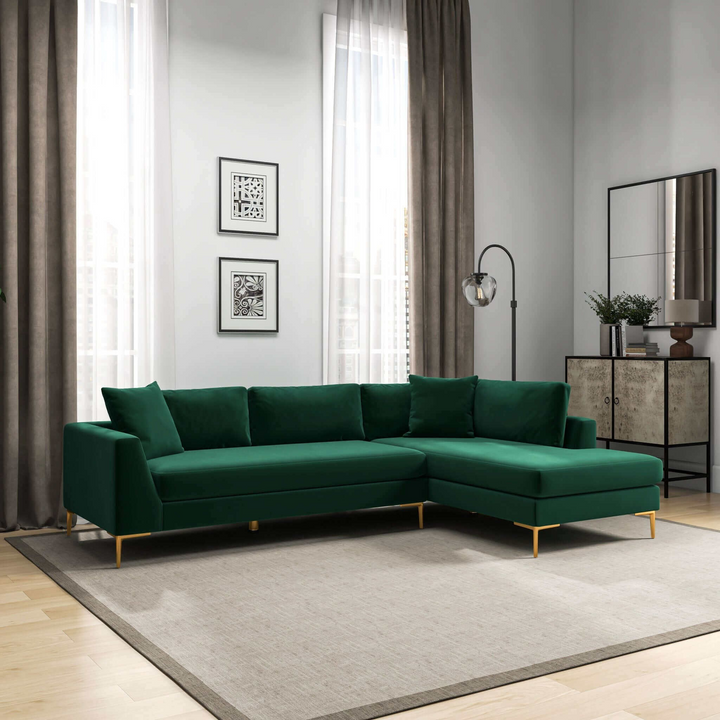 Mano L-Shaped Velvet Sectional Sofa in Green Right Facing Right Angled View