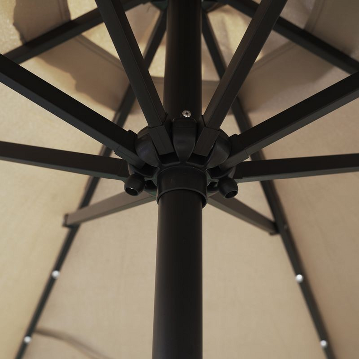 LeisureMod Sierra Outdoor Patio Umbrella with Base in Beige Closeup.