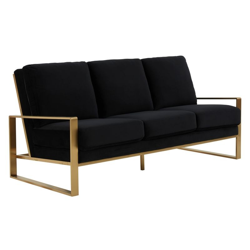 LeisureMod Jefferson Contemporary Modern Design Velvet Sofa with Gold Frame Black