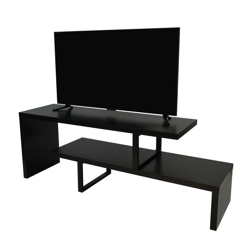 LeisureMod Orford Mid-Century Modern TV Stand with MDF Shelves and Powder Coated Iron Legs in Ebony Angled View.