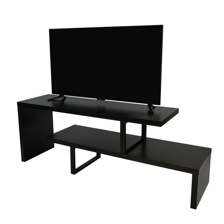 LeisureMod Orford Mid-Century Modern TV Stand with MDF Shelves and Powder Coated Iron Legs in Ebony Angled View.