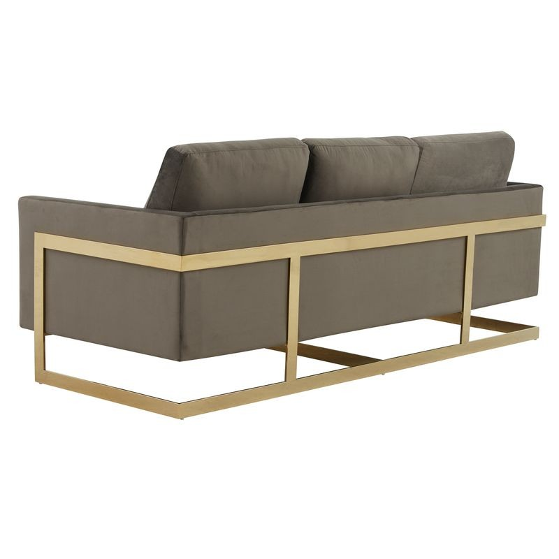 LeisureMod Lincoln Modern Mid-Century Upholstered Velvet Sofa with Gold Frame Dark Grey Back View.