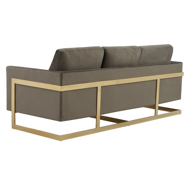 LeisureMod Lincoln Modern Mid-Century Upholstered Velvet Sofa with Gold Frame Dark Grey Back View.