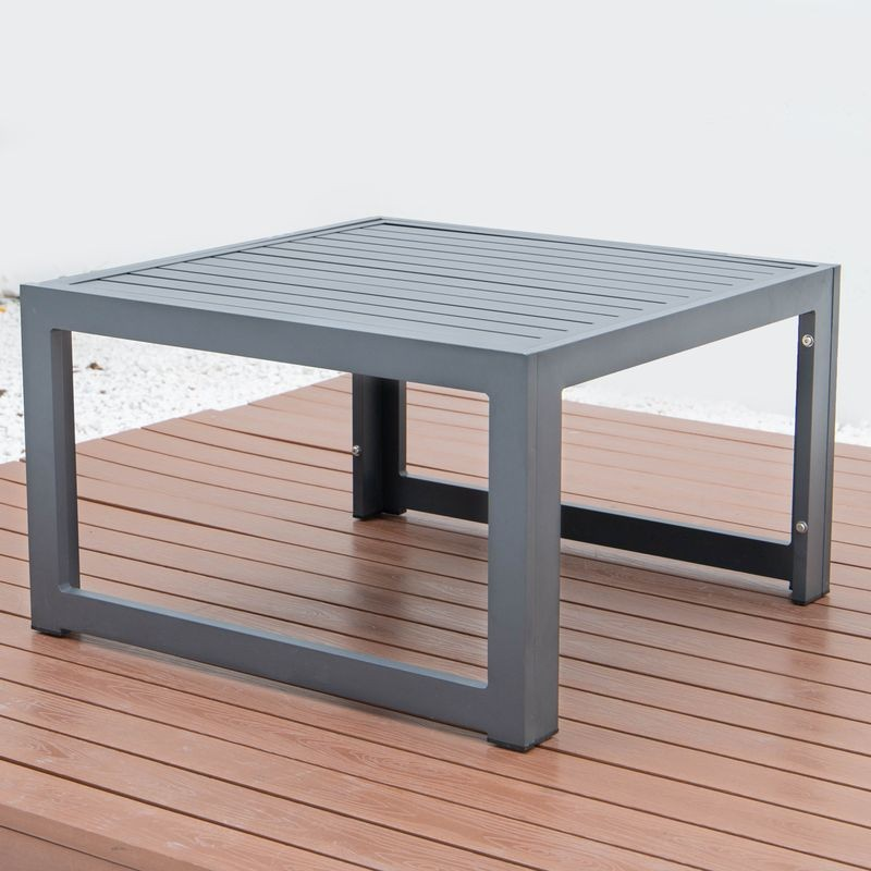 LeisureMod Chelsea 5-Piece Middle Patio Chairs and Coffee Table Set Black Aluminum with Cushions Red Table.