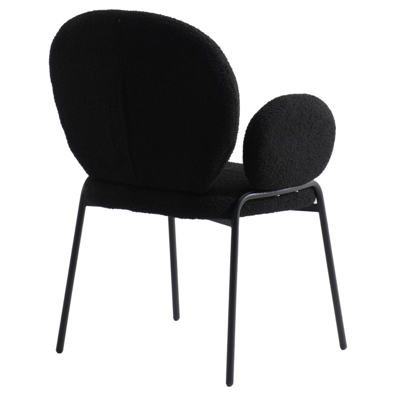 Leisuremod Celestial Series Boucle Dining Armchair with Black Frame and Black Fabric Back Angle Photo.