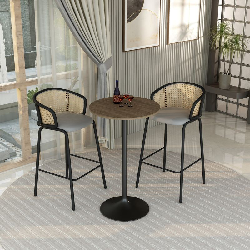 LeisureMod Verve Collection Modern Bar Height Table Black Base with 27" Round Dark Walnut MDF Top in Room.