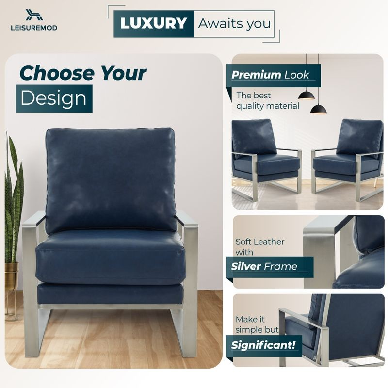LeisureMod Jefferson Faux Leather Modern Design Accent Armchair with Elegant Silver Frame Navy Blue Designs.