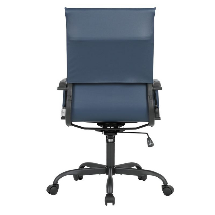 LeisureMod Harris High-Back Leather Office Chair with Black Frame Blue Back View.