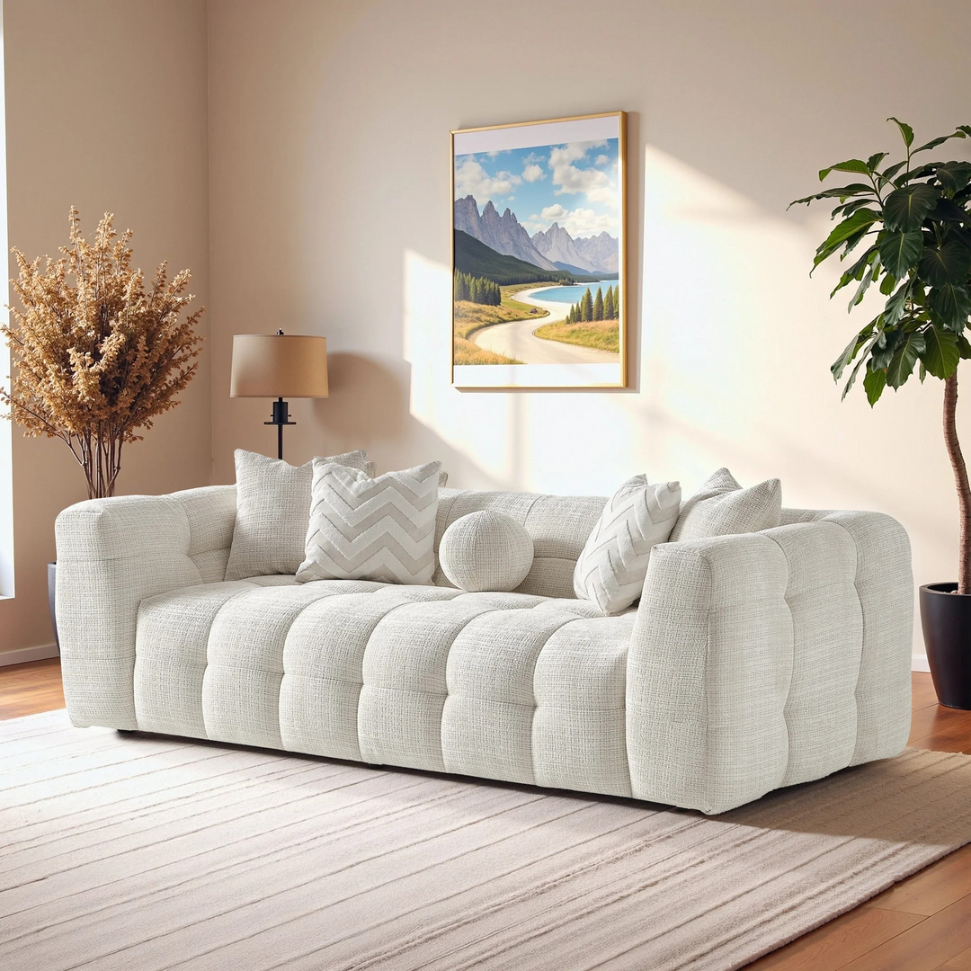 Alana Tufted Ivory Chenille Sofa Image.