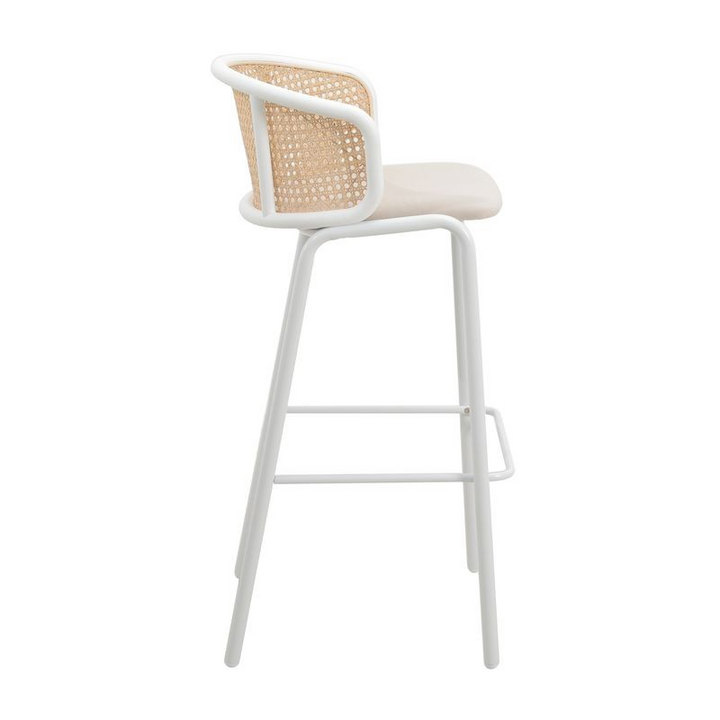 LeisureMod Ervilla Mid-Century Modern Wicker Bar Stool with Fabric Seat and White Powder Coated Steel Frame for Kitchen and Dining Room in Beige Side View.