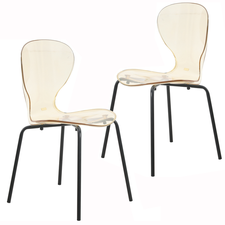LeisureMod Modern Oyster Transparent Side Chair in Black Base set of 2 Amber