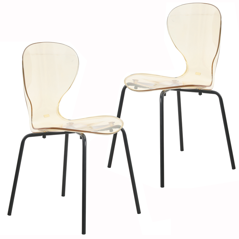 LeisureMod Modern Oyster Transparent Side Chair in Black Base set of 2 Amber