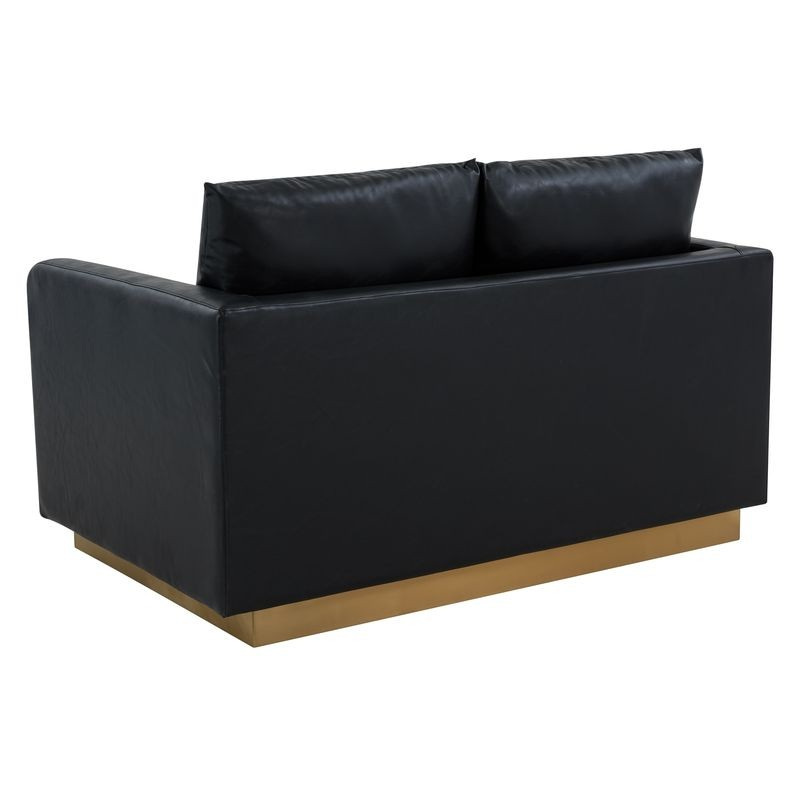 LeisureMod Nervo Modern Mid-Century Upholstered Faux Leather Loveseat with Gold Frame Black Back View.