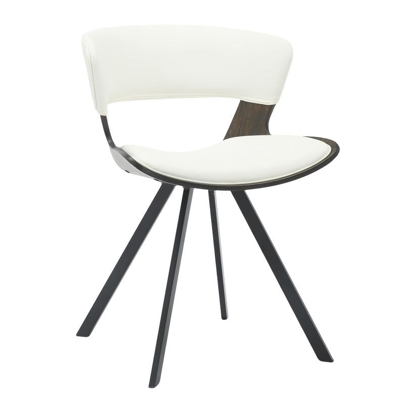 LeisureMod 5-Piece Dining Set with Square Wooden Table in Natural Wood and 4 Leather Dining Chairs in Dark Walnut/White Angled Chair.