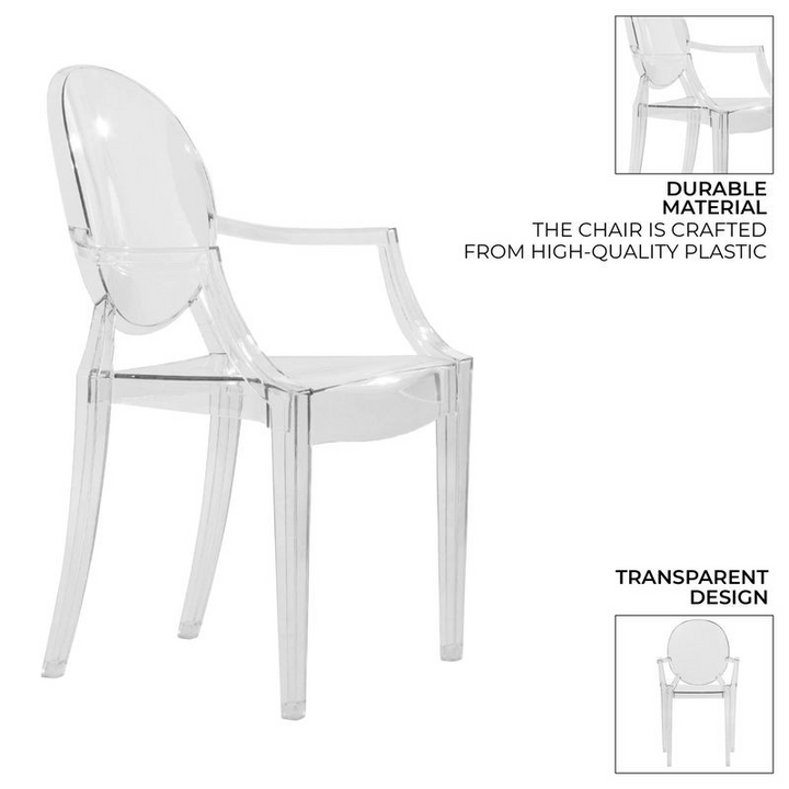 Clear plastic chair with text highlighting durable material and transparent design on a white background.