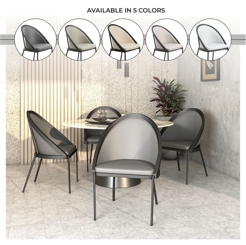 Dining room setup with gray chairs and a table, showing color options.