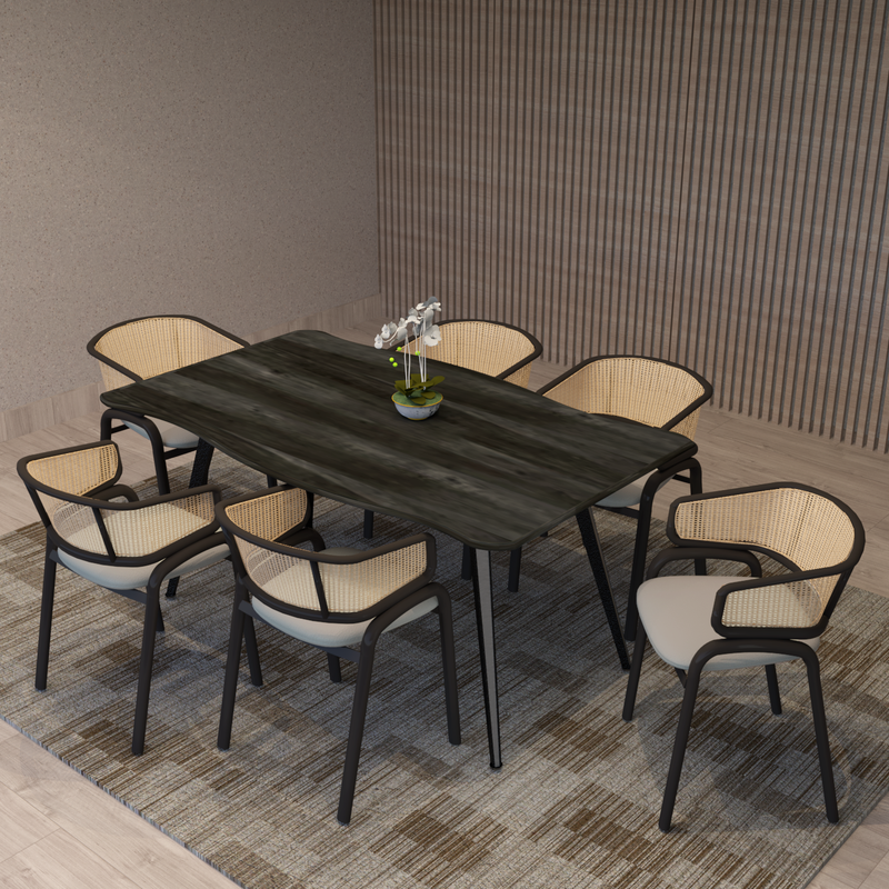 Leisuremod Ervilla Modern Dining Chair with Stainless Steel Legs Velvet Seat and Wicker Back Beige at Table.