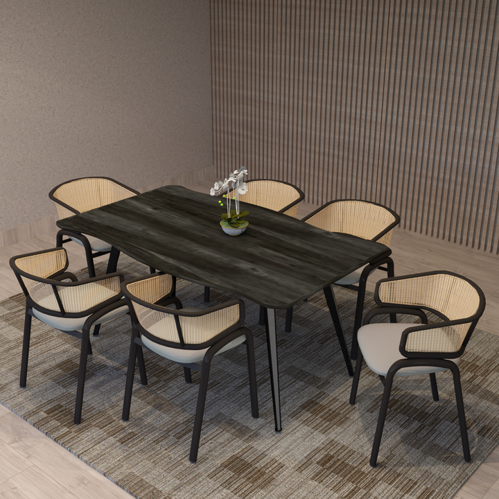 Leisuremod Ervilla Modern Dining Chair with Stainless Steel Legs Velvet Seat and Wicker Back Beige at Table.