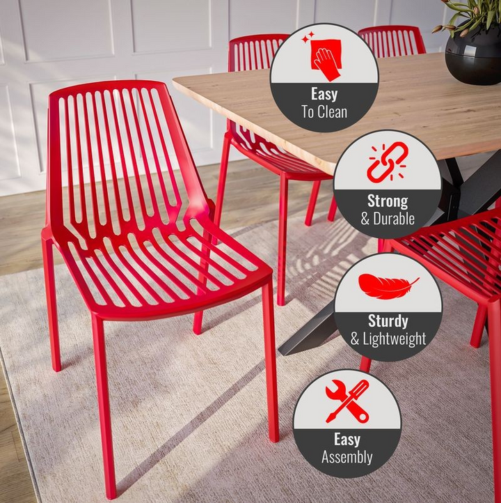 Red chairs around a wooden table with features highlighted on a white wall background.
