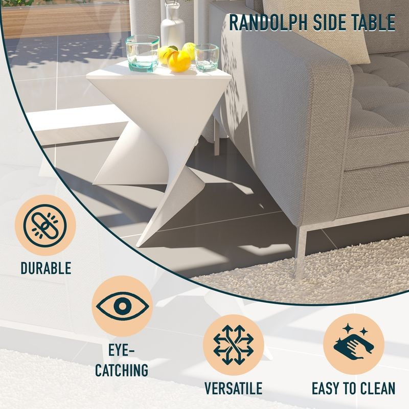 Randolph side table in outdoor setting with features highlighted.