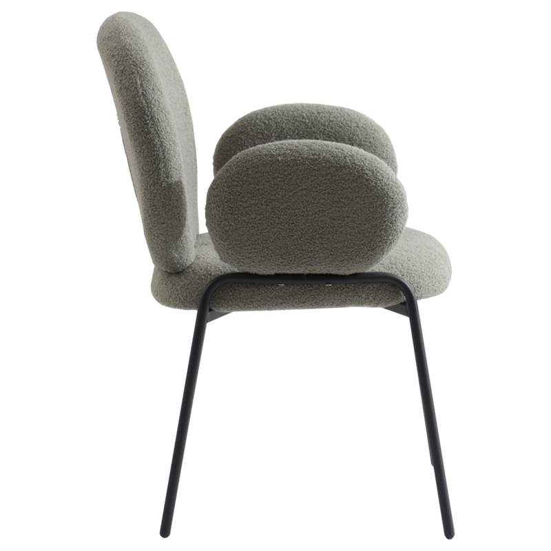 Leisuremod Celestial Series Boucle Dining Armchair with Black Frame and Green Fabric Side View.