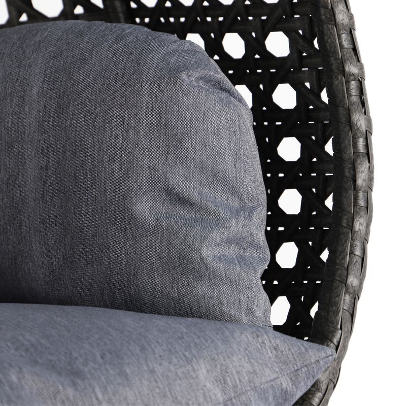 LeisureMod Charcoal Wicker Hanging 2 person Egg Swing Chair Charcoal Blue Closeup.