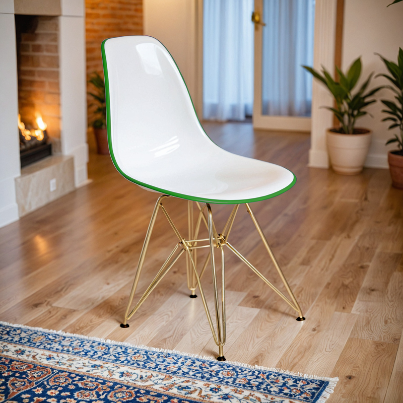 LeisureMod Cresco Molded 2-Tone Eiffel Side Chair with Gold Base in White Green with Background.