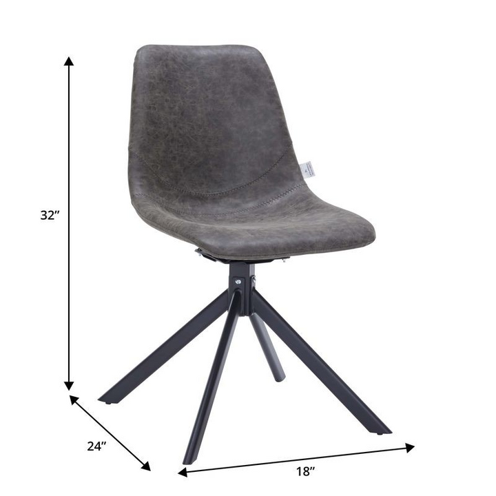 Gray chair with black metal legs and dimensions labeled on a white background.