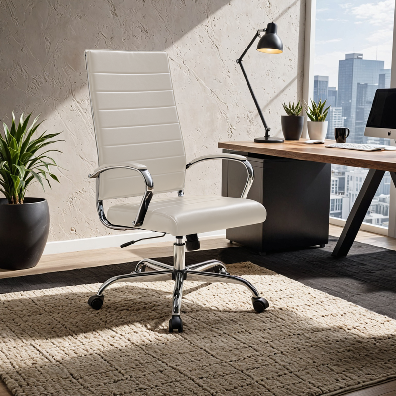 LeisureMod Benmar High-Back Leather Office Chair Tan at Desk.
