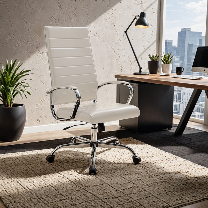 LeisureMod Benmar High-Back Leather Office Chair Tan at Desk.