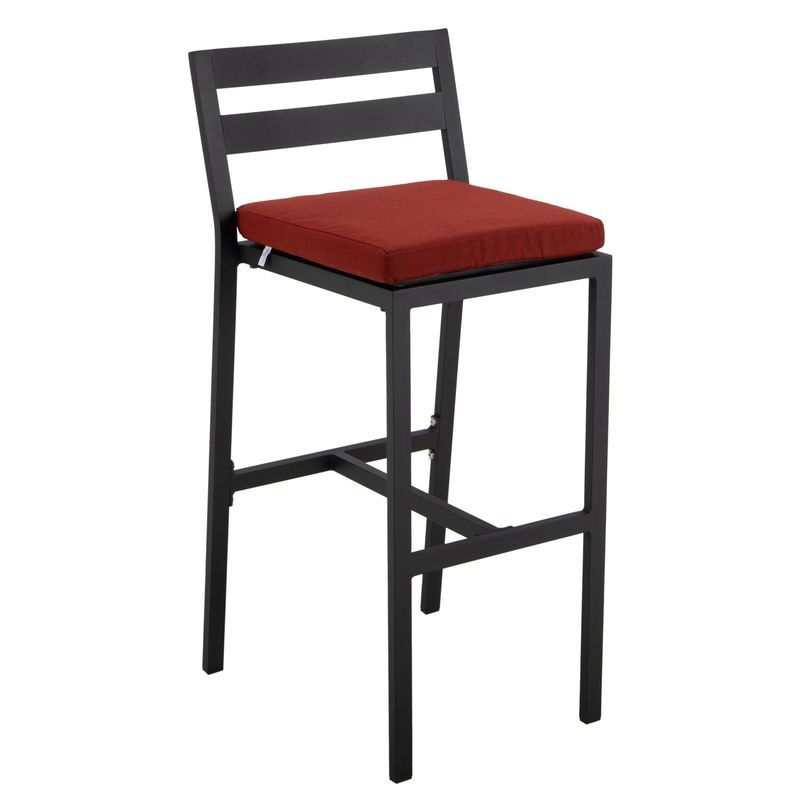 LeisureMod Chelsea Collection Modern Aluminum Outdoor Bar Chair in Black with Cherry Cushions
