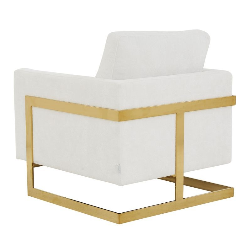 LeisureMod Lincoln Boucle Fabric Accent Armchair with Gold Stainless Steel Frame and Removable Back Cushion in White Back View