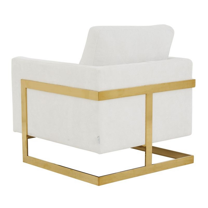 LeisureMod Lincoln Boucle Fabric Accent Armchair with Gold Stainless Steel Frame and Removable Back Cushion in White Back View