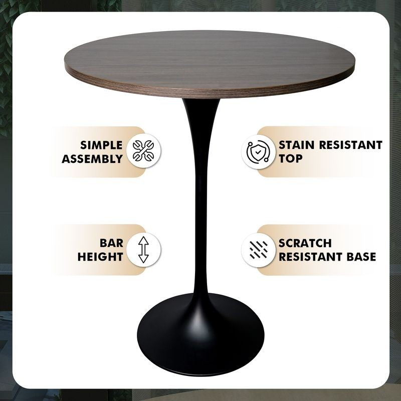 LeisureMod Verve Collection Modern Bar Height Table Black Base with 27" Round Dark Walnut MDF Top Details.