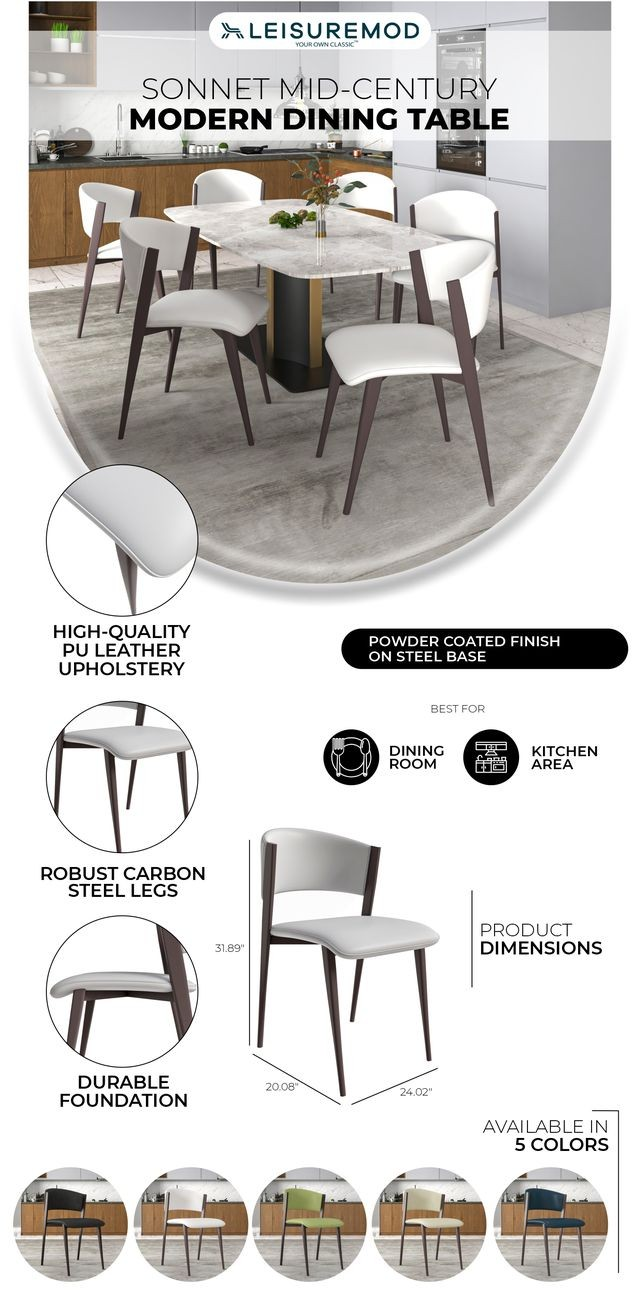 LeisureMod Sonnet Mid-Century Modern Dining Table with chair and table details.