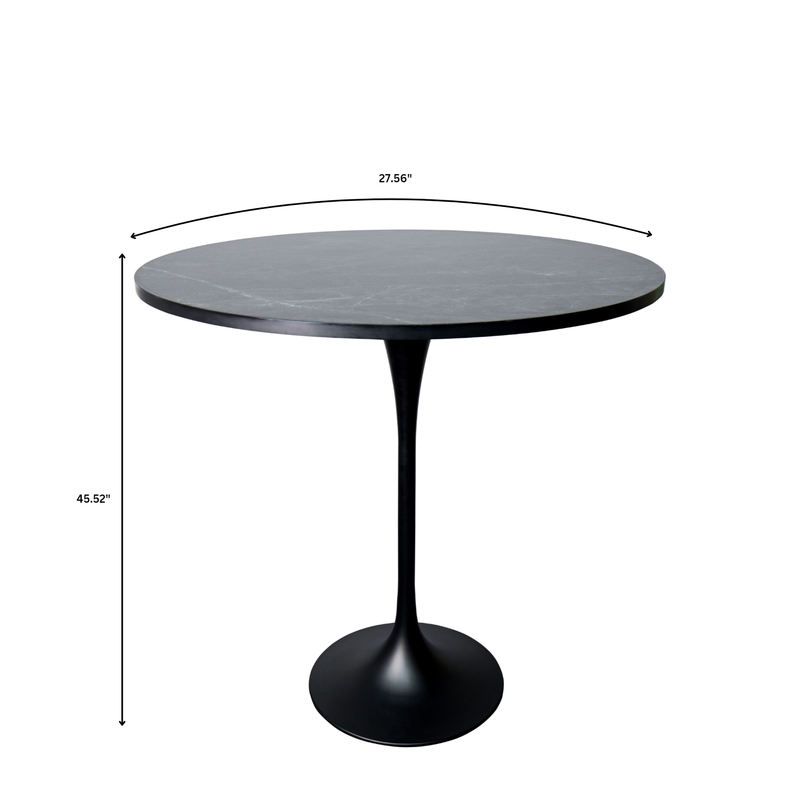 LeisureMod Verve Collection Modern Bar Height Table Black Base with 27" Round Black Marbleized MDF Top Dimensions.