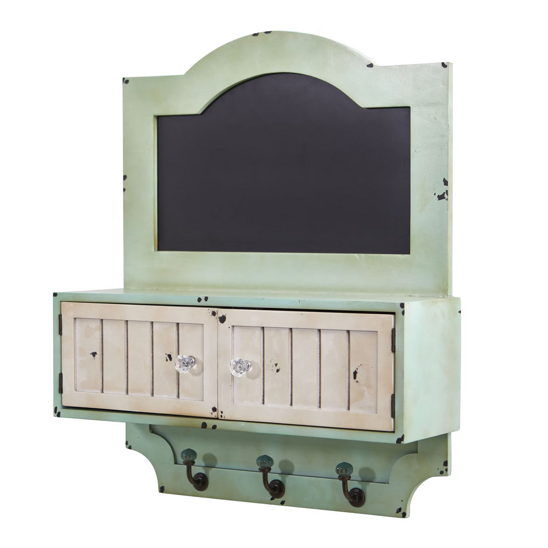 21.5” Vintage Chalkboard Wall Organizer with Doors and Hooks Angled View