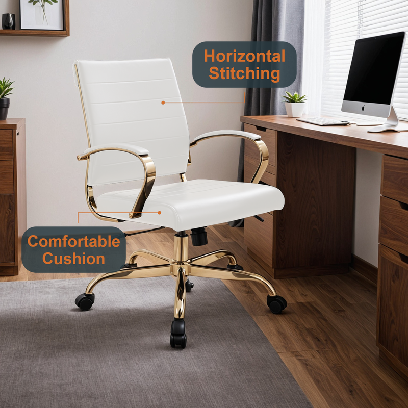 LeisureMod Benmar Home Leather Office Chair with Gold Frame White at Desk.
