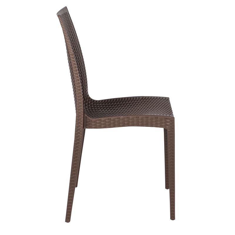 LeisureMod Weave Mace Indoor/Outdoor Dining Chair (Armless) Brown Side View.