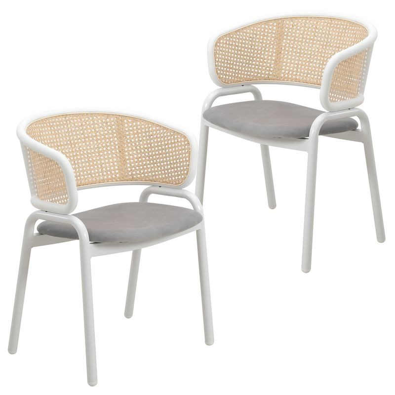Leisuremod Ervilla Modern Dining Chair with White Powder Coated Steel Legs and Wicker Back, Set of 2 Grey