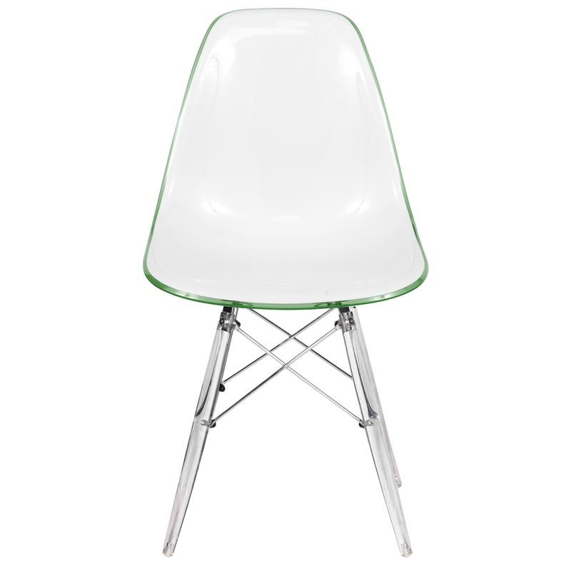 LeisureMod Dover Molded Side Chair with Acrylic Base in White Green Front View.